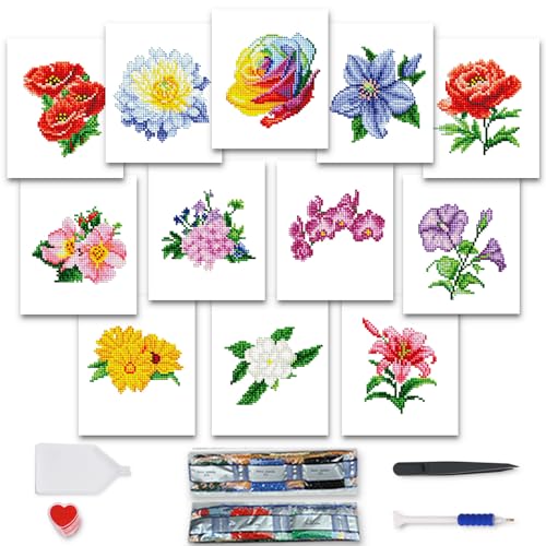 MAMACHU 12 Pcs Diamond Painting Kinder Set, Blumen Thema 5D DIY Diamant Painting Set für Heimdekoration, 15×18cm von MAMACHU