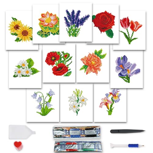 MAMACHU 12 Pcs Diamond Painting Kinder Set, Blumen Thema 5D DIY Diamant Painting Set für Heimdekoration, 15×18cm von MAMACHU