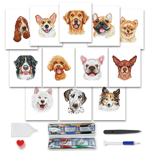 MAMACHU Mini Diamond Painting Tiere, 12 Stück Diamant Painting Set für Beginner, Haustierhund-Thema DIY Diamond Art Painting Kits, Mosaikherstellung, Diamant Malerei für Haus Dekoration,15x18cm von MAMACHU