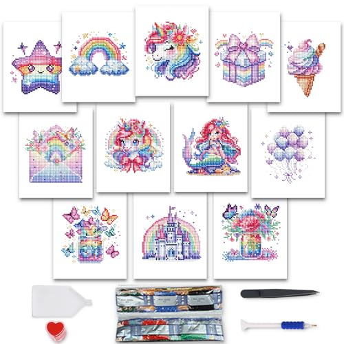 Mini Diamond Painting Set, 12 Stück DIY Cartoon Diamant Painting, 5D DIY Einhorn Diamond Painting, Malen Nach Zahlen Diamant Painting Kinder Mädchen Erwachsene, Home Decor, 15x18cm, ohne Bilderrahmen von MAMACHU