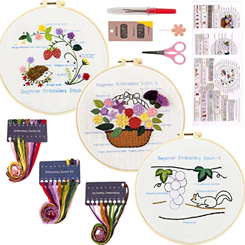 MAMUNU 3 Sets Kreuzstich-Sticksets für Anfänger, Erwachsene, Blumen Tiere Kreuzstich-Sets, Stickerei-Starter-Set mit Anleitung, Stickrahmen, Zahnseide und Werkzeuge von MAMUNU