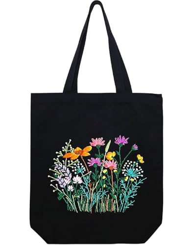 Canvas Tote Bag Stickerei Set Anfänger, Stickset Tragetasche mit Muster und Anleitung für Anfänger, Sticktasche Stickerei Set Erwachsene mit Blumenmuster Farbfäden Stickrahmen und Werkzeug (Schwarz) von MAMUNU