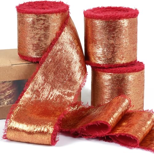 Chiffonband, 3,8 x 13,7 m, rotes Chiffonband mit schimmerndem Golddesign, glänzendes, handgefertigtes Fransen-Seidenband, ausgefranster Rand, Band für Blumenstrauß, Geschenkverpackung, Weihnachten, 3 von MAMUNU