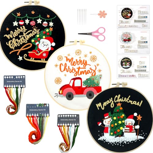 MAMUNU 3 Sets Weihnachts-Sticksets für Anfänger, Weihnachtsmann Schneemann Auto gestempelt Kreuzstich Kits, komplettes Stickerei-Starter-Set mit Anleitung, Stickrahmen, Fäden und Werkzeugen von MAMUNU