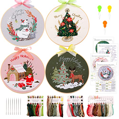 MAMUNU 4 Sets Weihnachts-Stickerei-Starter-Set mit Muster für Anfänger, Sticksets mit Weihnachtsbaum-Elch-Muster, Kreuzstich-Set mit 4 Kunststoff-Stickrahmen und Werkzeugen von MAMUNU