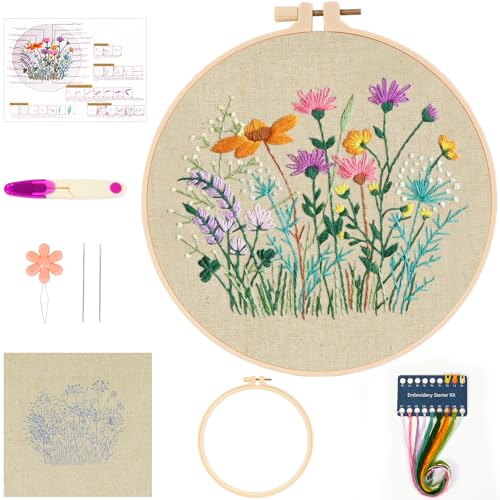 Stickerei Set Anfänger, Blumen Stickerei Set Erwachsene Kreuzstich Vorgedruckt, Kreuzstich Starter Kit mit Muster, Stickrahmen, Farbfäden und Werkzeuge, für DIY Kunst Handwerk Nähen (Blumen) von MAMUNU