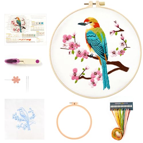 Stickerei Set Anfänger, Blumen Stickerei Set Erwachsene Kreuzstich Vorgedruckt, Kreuzstich Starter Kit mit Muster, Stickrahmen, Farbfäden und Werkzeuge, für DIY Kunst Handwerk Nähen (Vogel) von MAMUNU