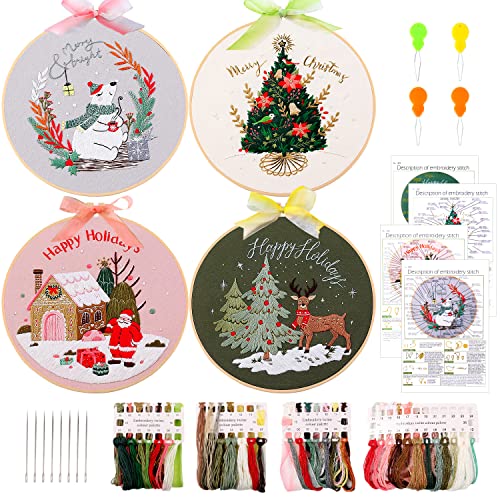 MAMUNU Stickerei Set Weihnachten, 4 Set Komplette Palette von geprägten Sticksets, Kreuzstich Set mit Weihnachtsmuster Anleitung, 4 Stück Stickrahmen und Farbfäden für Erwachsene Anfänger von MAMUNU