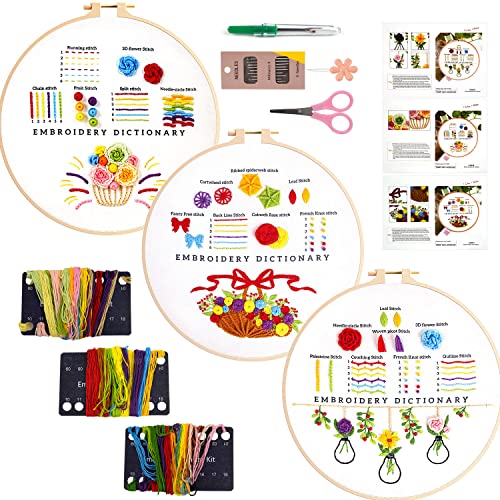 Stickerei Starter Set, 3 Stück Stickstich-Übungsset für Anfänger, Stickerei Starter Kit mit Muster Anleitung, Kreuzstich set Anfänger Erwachsene mit 1PCS Kunststoff-Stickrahmen Farbfäden Werkzeuge von MAMUNU