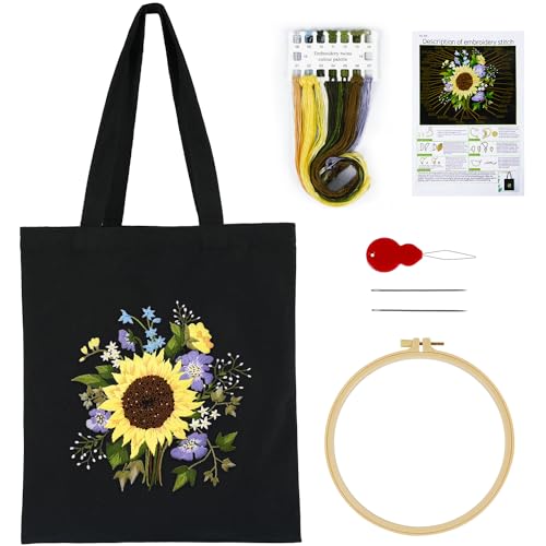 Stickset aus Segeltuch mit Sonnenblumenmuster, Sticksets für Anfänger und Erwachsene, Kunst- und Bastelarbeiten, Stickerei-Starter-Set, inklusive gestempelter Sticktasche, Farbfäden, Stickwerkzeugen von MAMUNU