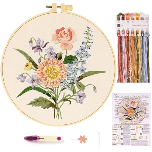 Stickset für Anfänger, gestempeltes komplettes Stickerei-Starter-Set mit Blumenmuster, vorgedruckte Kreuzstich-Sets für Erwachsene, Handstickerei-Set mit Fäden, Nadeln, Reifen und Anleitung (evtl. von MAMUNU