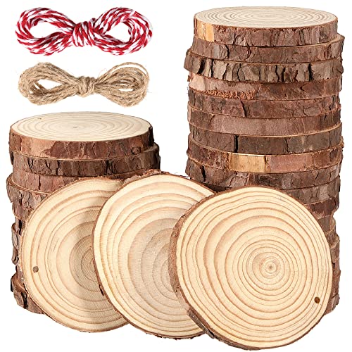 MANCHAP 30 Stück 9-10 cm Holzscheiben mit Loch, natürliche Holz Log Scheiben, unlackierte Holzkreise mit hängender Schnur, runde Holzscheitscheiben zum Basteln, Malen von MANCHAP