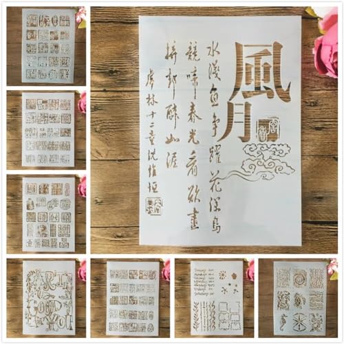 8 Stück A4 29 cm chinesische Kalligraphie Siegel Schneidschablonen zum Malen auf Holz, Leinwand, Papier, Boden, lasergeschnittene Malschablone für Heimdekoration, Bastelprojekte von MANGOUSONG