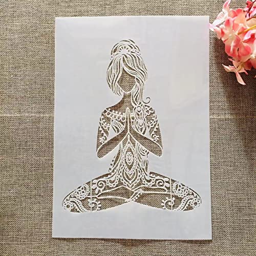 A4 29 x 21 cm Mandala Yoga Mädchen Schablonen zum Malen auf Holz, Leinwand, Papier, Boden, lasergeschnittene Malschablone für Heimdekoration, Bastelprojekte von MANGOUSONG