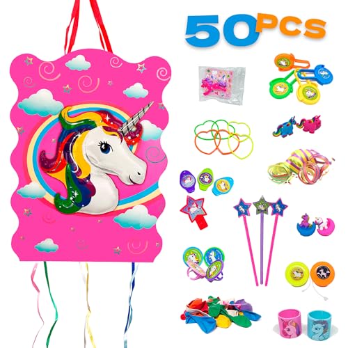 Piñata für Kindergeburtstag, Pinata + Packung mit 50 Piñata-Spielzeugen, Piñata zum Geburtstag, Kinder-Piniata, Füllung Piñata, Einhorn-Piniata, Mädchen, Geburtstagspinata. MANLOZ von MANLOZ