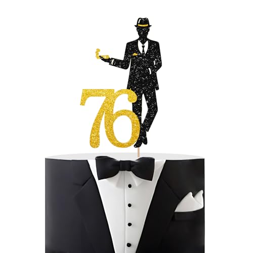 Herren 76 Geburtstag Kuchen Topper Gold Glitzer Mann im Anzug 76 Geburtstag Kuchen Dekor Distinguished Gentleman Cake Topper für Männer Smoking Thema 76. Jahrestag Party Dekoration von MAONICA