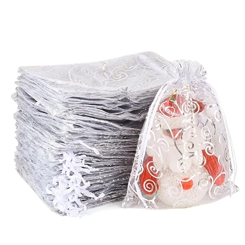 100PCS Silber Organza Geschenk Tasche, 15x20cm Hochzeit Party Geschenk Tasche, Schmuck, Weihnachten Geschenk Tasche, Urlaub Geschenk Tasche, Silber Grapevine Muster Feier Geschenk Tasche von MAOOY