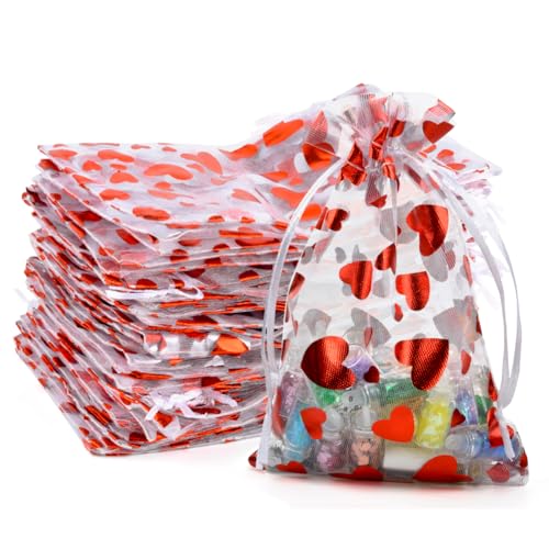 MAOOY 100 Organzasäckchen Säckchen zum Befüllen Geschenkbeutel 10X15cm Schmuckbeutel Kleine Tüten Geschenktüten Klein für Weihnachten Hochzeit Geburtstag Party（Weißer Hintergrund mit Rotem Herz） von MAOOY