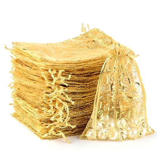 MAOOY 100PCS Goldener Organzasäckchen, 15X20cm Druck Organzabeutel，Organza Säckchen mit Kordelzug,Geschenktüten Schmuckbeutel für Hochzeit Geburtstag Party,Wiederverwendbar Geschenksäckchen von MAOOY