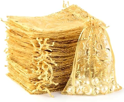 MAOOY 100PCS Goldener Organzasäckchen, 17X23cm Druck Organzabeutel，Organza Säckchen mit Kordelzug,Geschenktüten Schmuckbeutel für Hochzeit Geburtstag Party,Wiederverwendbar Geschenksäckchen von MAOOY