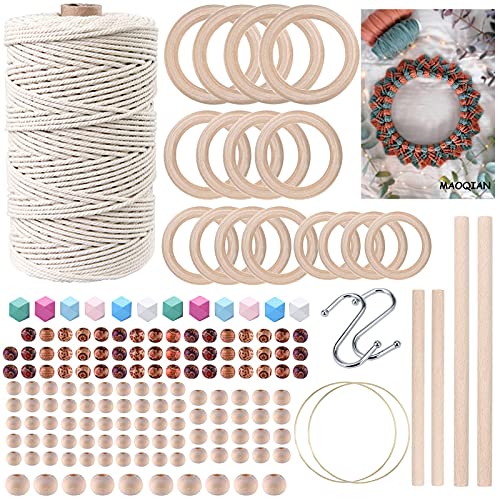 Makramee-Set für Anfänger, 3 mm x 220 m, natürliche Baumwolle, Makramee-Schnur zum Aufhängen, beste Makramee-Zubehör für Makramee-Pflanzenhänger mit Holzperlen, Holzringen, Holzstäbchen, S-Haken, von MAOQIAN