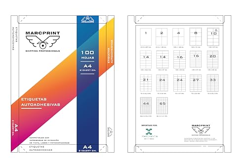 MARCPRINT 210 x 297 mm, Aufkleberpapier zum Bedrucken, A4, 25 Blatt, Klebepapier zum Bedrucken von Etiketten für Blatt, Aufkleberpapier zum Bedrucken, A4 (25 Blatt (4 Etiketten/Blatt)) von MARCPRINT