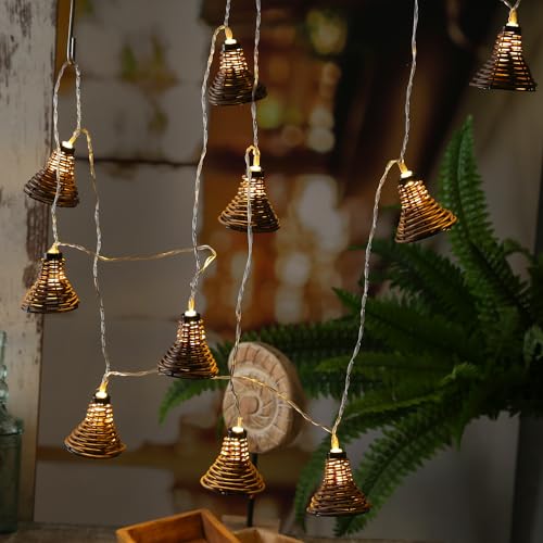 MARELIDA LED Deko Lichterkette 10 Lampenschirme Rattan Optik Boho Timer für Außen L:2,7m von MARELIDA