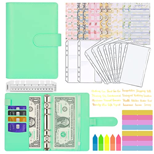 A6 Binder Budget, MARICATO 29-Stück Budget Planner, 6 Löcher Loseblatt Notizbuch Geld Organizer mit Budgetblättern/Binder kartentaschen/Aufklebern/Bunte Indexetiketten/Lineal, für Arbeit-SeeGrün von MARICATO