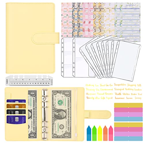 A6 Binder Budget, MARICATO 29-Stück Budget Planner, 6 Löcher Loseblatt Notizbuch Geld Organizer mit Budgetblättern/Binder kartentaschen/Aufklebern/Bunte Indexetiketten/Lineal, für Arbeit-ZitronenGelb von MARICATO