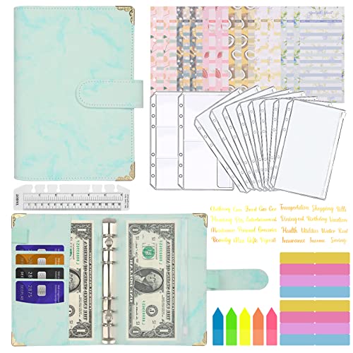 A6 Binder Budget, MARICATO 29-Stück Budget Planner, 6 Löcher Loseblatt Notizbuch Geld Organizer mit Budgetblättern/Binder kartentaschen/Aufklebern/Bunte Indexetiketten/Lineal, für Arbeit-Marmor Grün von MARICATO