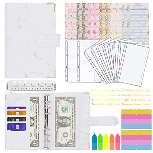 A6 Binder Budget, MARICATO 29-Stück Budget Planner, 6 Löcher Loseblatt Notizbuch Geld Organizer mit Budgetblättern/Binder kartentaschen/Aufklebern/Bunte Indexetiketten/Lineal, für Arbeit-Marmor Weiß von MARICATO