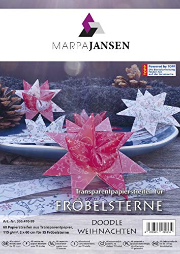 Transparentpapierstreifen für Fröbelsterne - (2 x 60 cm, 60 Streifen, 115 g/m²) - Doodle Weihnachten weiß / rot von MARPAJANSEN