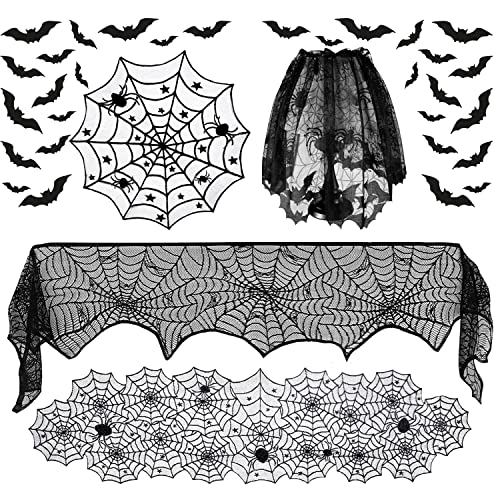 40Pcs Halloween Tischdecke Deko, Halloween Tischdeko Spinnennetz Rechteckige Kamin Schal Runde Tischdecke mit 36 Stück 3D Fledermaus Wandaufkleber, Halloween Deko für Wohnzimmer Esszimmer Kamin von MARUKO