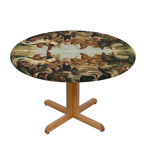MARXAN Tischdecke mit Huhn- und Hahn-Aufdruck, elastischer Rand für Küche, runde Tischdecke für Esszimmer, Terrasse, Partys (für 101,6–127 cm Tisch) von MARXAN