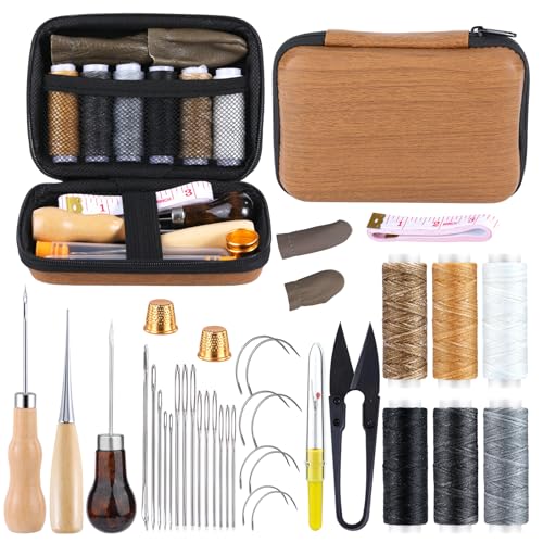 MASPHY 45 Piece Leder Nähen Set, Lederhandwerk Werkzeug Set, einschließlich Wachsfaden und Nadel, Nähgarn-Kit, Komplettes Zubehör, für Leder Nähen, Polsterung Reparatur Handwerk Projekte von MASPHY