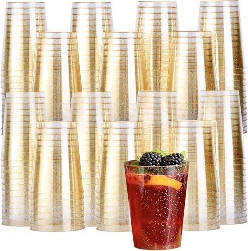 MATANA 150 Premium Plastikbecher, Partybecher, Trinkbecher mit Goldglitter (285ml / 10oz) - Hartplastik Becher, Kunststoffbecher, Mehrwegbecher, Cocktailgläser, Plastikgläser für Hochzeiten & Partys von MATANA