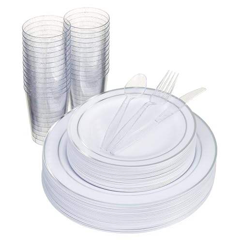 MATANA 300 Stück Mehrweg Partygeschirr Set in Weiß & Silber für 50 Gäste - 50 Plastikteller 50 Dessertteller 50 Löffel 50 Gabeln 50 Messer & 50 Partybecher - Hochzeiten, Geburtstage & Partys von MATANA