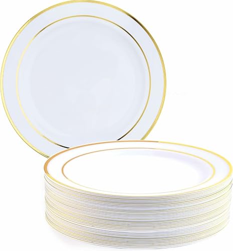 MATANA 50 Premium Weiße Plastikteller mit Goldrand, Mehrweg Kunststoffteller, 26cm - Partyteller Gold für Hochzeiten, Geburtstage, Partys - Elegantes & Stabiles Partygeschirr von MATANA