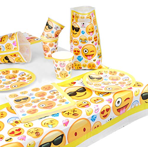 MATANA 76 Stück Emoji Partygeschirr Set für Jungen & Mädchen - Kindergeburtstag Smiley Einweggeschirr Partyset - 15 Partyteller, 15 Becher, 15 Partytüten, 30 Servietten & 1 Tischdecke von MATANA