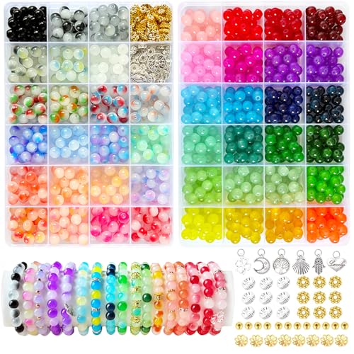 MATVHRUI 1100 Stück 8mm Bunte Glasperlen zum Basteln, 46 Farben runde Bunte Basteln Perlen Schmucksteine, DIY Perlen für die Herstellung von Armbänder Halsketten Ohrringe von MATVHRUI