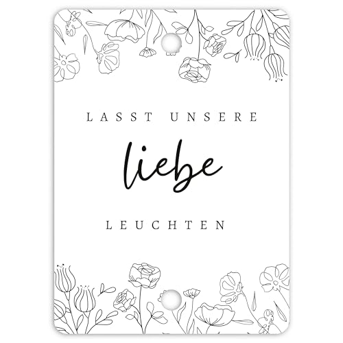 50x Lasst unsere Liebe leuchten Wunderkerzen Hochzeit Etiketten - Schöne, doppelt gelochte Kärtchen für Wunderkerzen und Knicklichter (Blumen) von MAVANTO