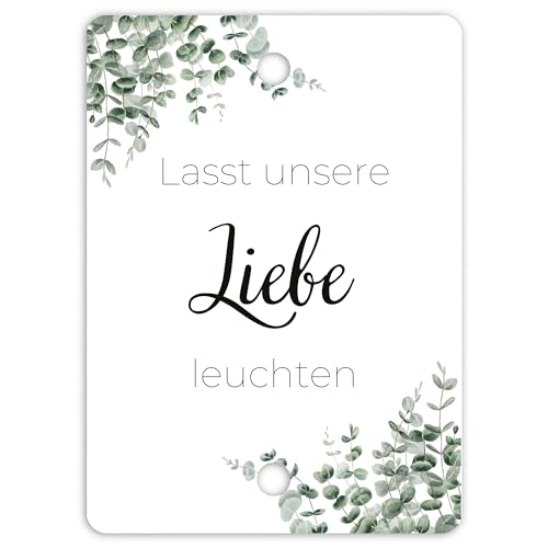 50x Lasst unsere Liebe leuchten Wunderkerzen Hochzeit Etiketten - Schöne, doppelt gelochte Kärtchen für Wunderkerzen und Knicklichter (Eukalyptus) von MAVANTO