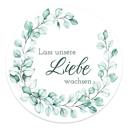 Lass unsere Liebe wachsen Aufkleber rund 4,5 cm - Hochzeit Sticker ideal für Blumensamen Gastgeschenk in vielen verschiedenen Designs (80x Stück, Eukalyptus) von MAVANTO