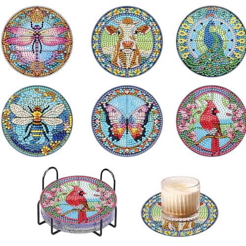 6 Stück Diamond Painting Untersetzer mit Halter, Tier Bastelset Erwachsene Glas Untersetzer Set für Tassen, Weingläser, Vasen und Heimküche von MAXBYE