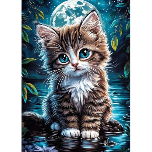 MAXBYE 5D Süße Katze Diamond Painting Art Kits für Erwachsene, DlY Mondlicht Vollbohrerbild Diamant Kunst Set Kreuzstich Einfache Kits für Anfänger, Crystal Malerei Home Wand Dekor Gift 30x40cm von MAXBYE