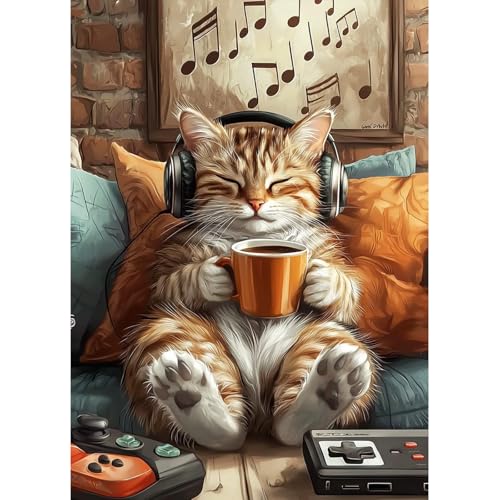 MAXBYE 5D Süße Katze mit Kopfhörern Diamond Painting Art Kits für Erwachsene, DlY Vollbohrerbild Diamant Kunst Set Kreuzstich Einfache Kits für Anfänger, Crystal Malerei Home Wand Dekor Gift 30x40cm von MAXBYE