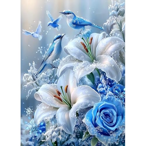 MAXBYE 5D Vögel Diamond Painting Art Kits Erwachsene, DlY Blumen mit Schnee Runder Vollbohrer Diamanten Malerei Set Kreuzstich Geschenke Einfache Kets Anfänger Home Wand Dekor 30x40cm von MAXBYE