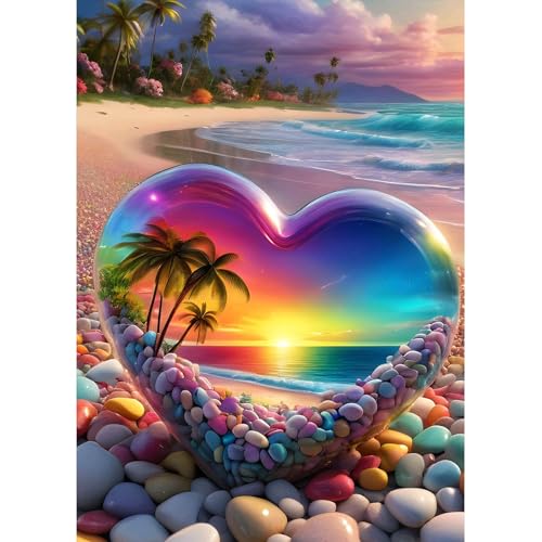 MAXBYE DIY Diamant Painting Kristall Liebesherz Stein Bilder Kit, 5D Full Drill Diamond Painting Kits Strandlandschaft, Erwachsene Zahlen Diamant Painting, Stitch Diamond Art Painting Kits 30x40 cm von MAXBYE