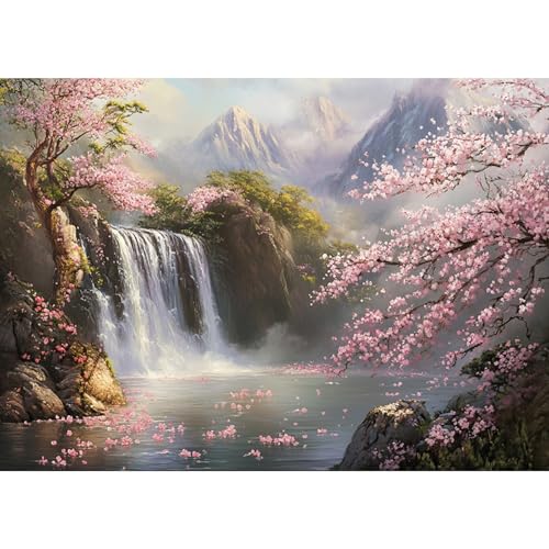 MAXBYE DIY Diamant Painting Landscape Bilder Kits, 5D Full Drill Diamond Painting Wasserfälle, Erwachsene Zahlen Diamant Painting Kirschblüten, Stitch Diamond Painting Kit für Home Wall Decor 30x40 cm von MAXBYE