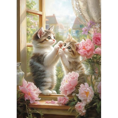 MAXBYE DIY Diamant Painting Niedliche Katze Bilder Kits, 5D Fenster Landschaft Full Drill Diamond Painting, Erwachsene Zahlen Stitch Diamond Art Pfingstrose, Mosaikherstellung für Wall Decor 30x40 cm von MAXBYE